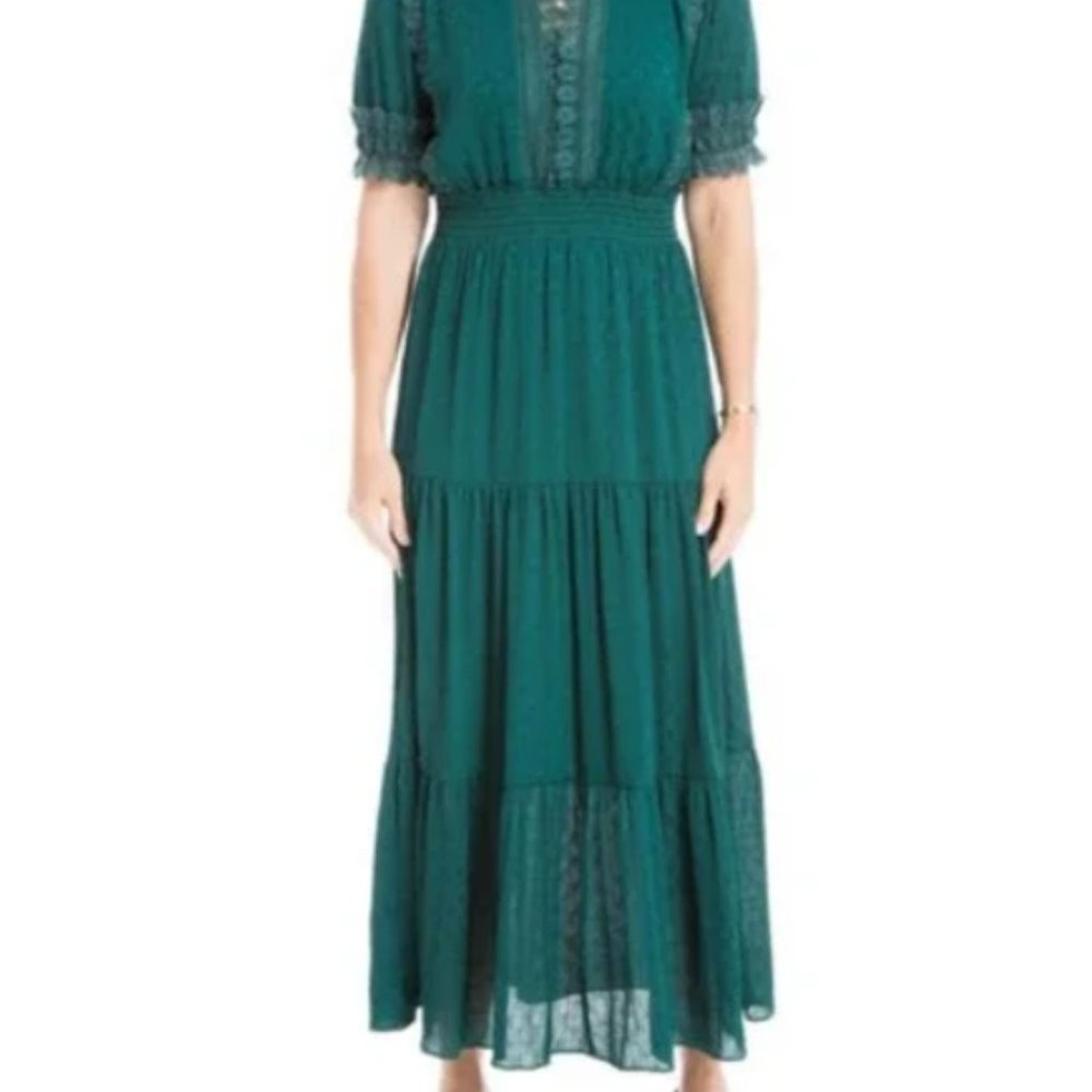 Max Studio Jacquard Dot Lace Trim Maxi Dress in Emerald - S
